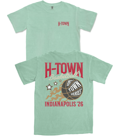 Light green t-shirt with 'H-Town Basketball' design on a white background