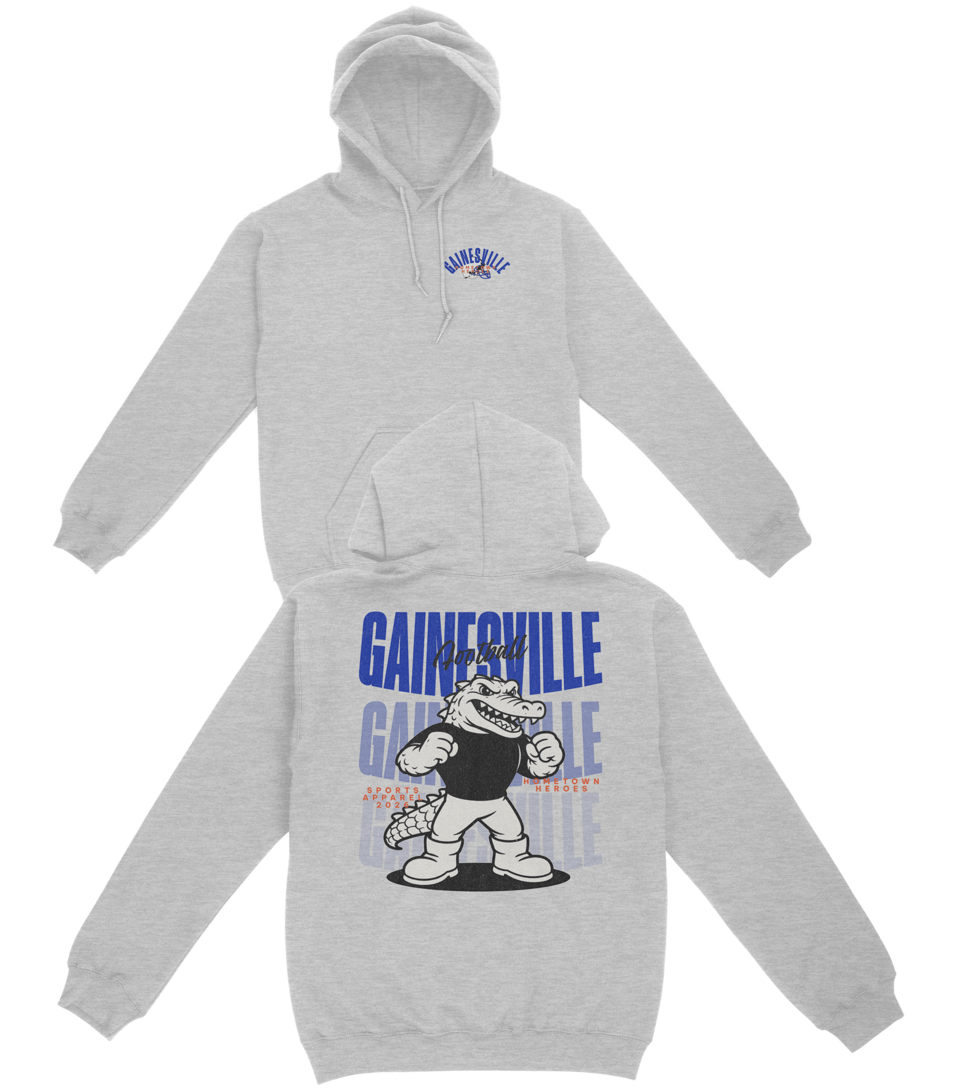 Gray hoodie with 'Gainsville' graphic design on a white background