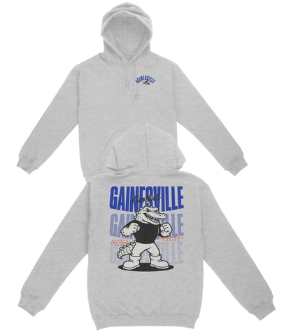Gray hoodie with 'Gainsville' graphic design on a white background