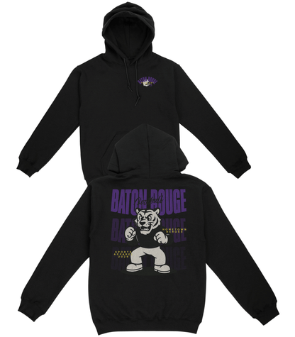 Black hoodie with graphic design on a white background