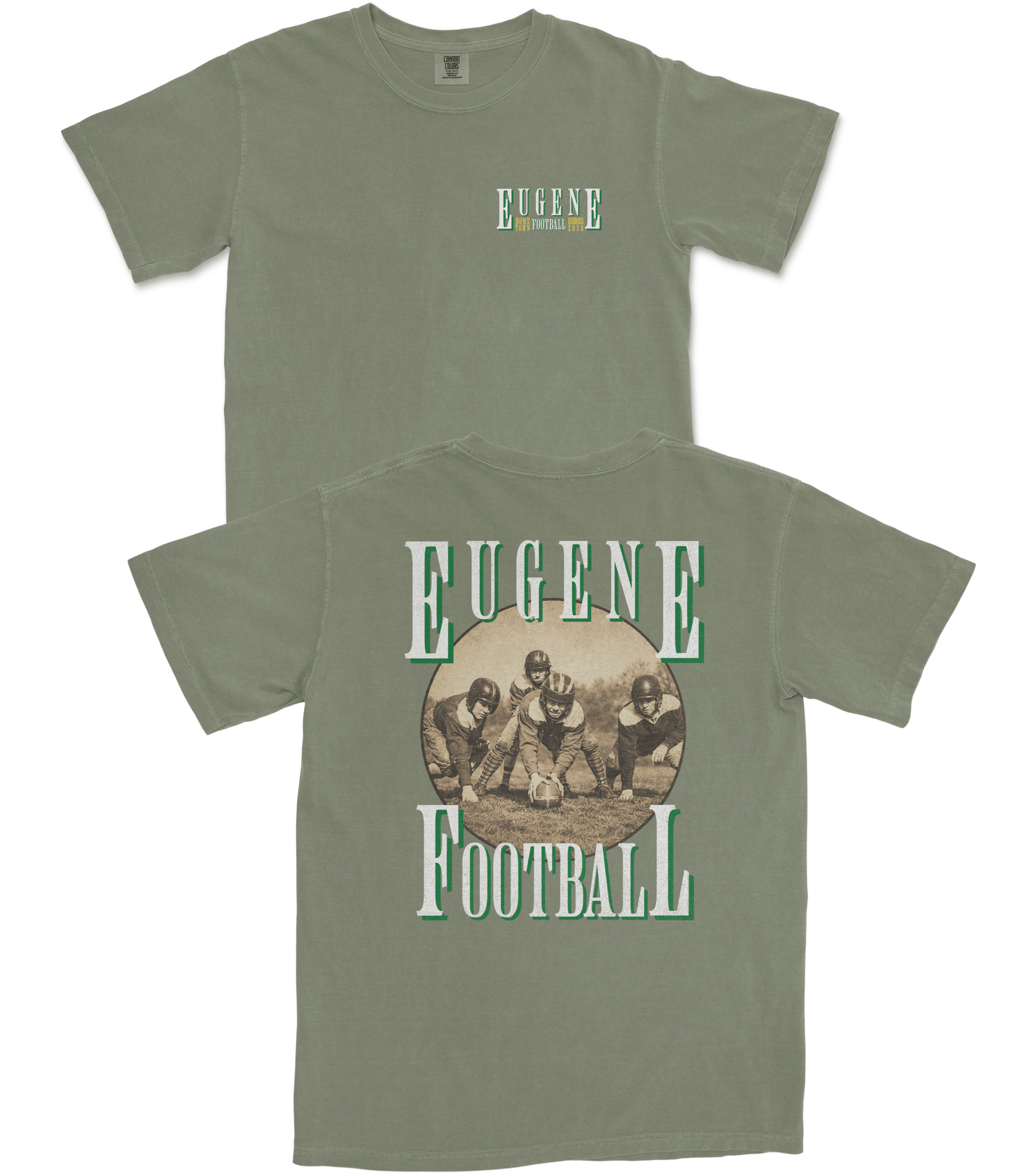 Green t-shirt with 'Eugene Football' design on a white background