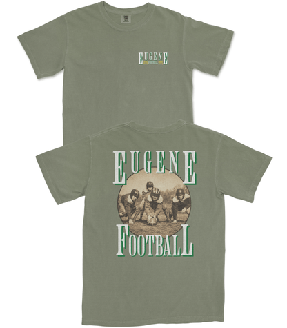 Green t-shirt with 'Eugene Football' design on a white background