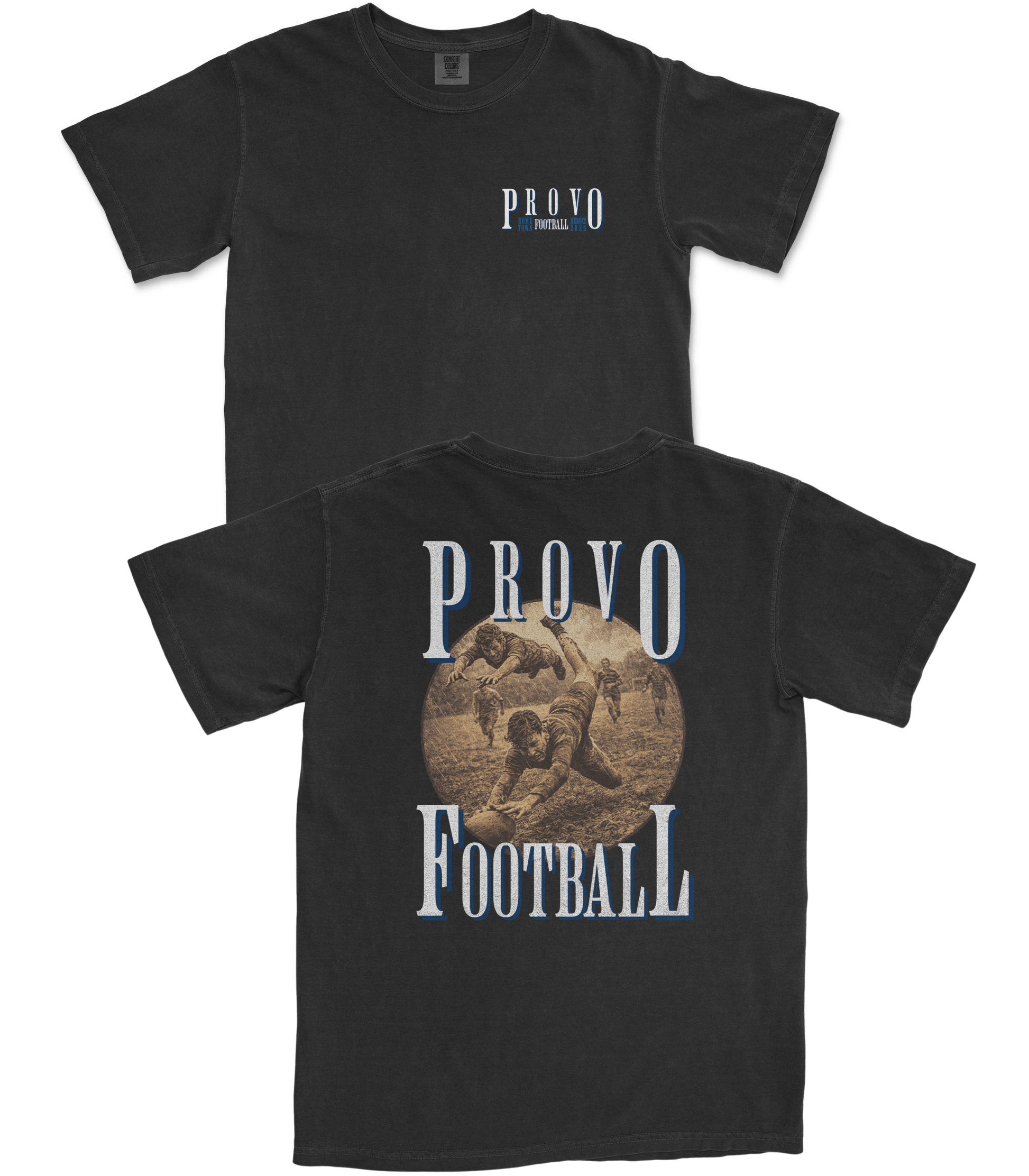 Black t-shirt with 'Provo Football' design on a white background