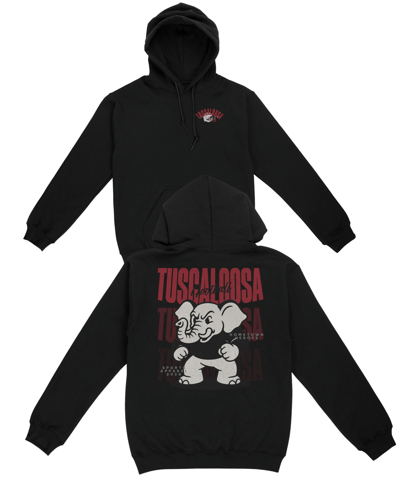 Black hoodie with 'Tuscaloosa' and elephant graphic on a white background