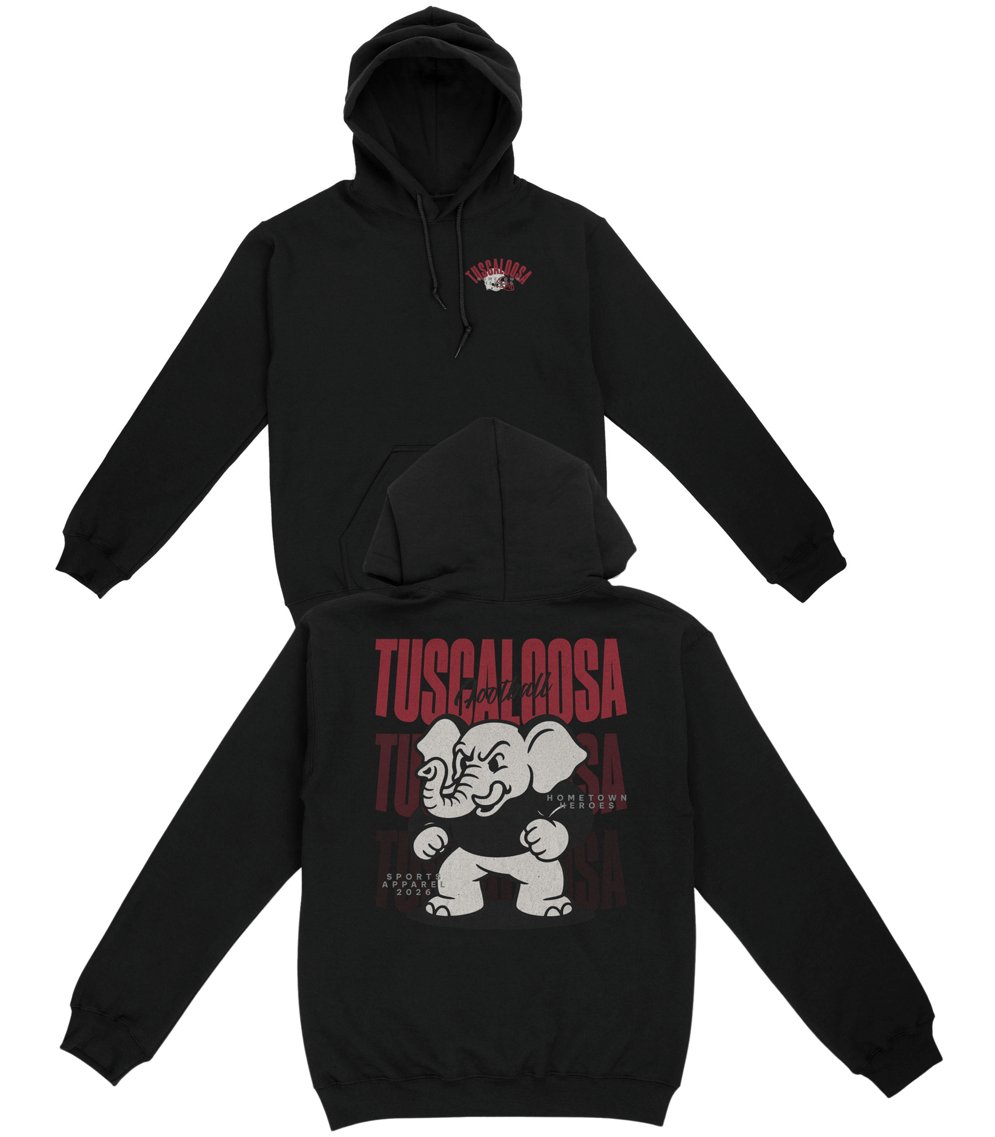 Black hoodie with 'Tuscaloosa' and elephant graphic on a white background