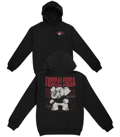 Black hoodie with 'Tuscaloosa' and elephant graphic on a white background