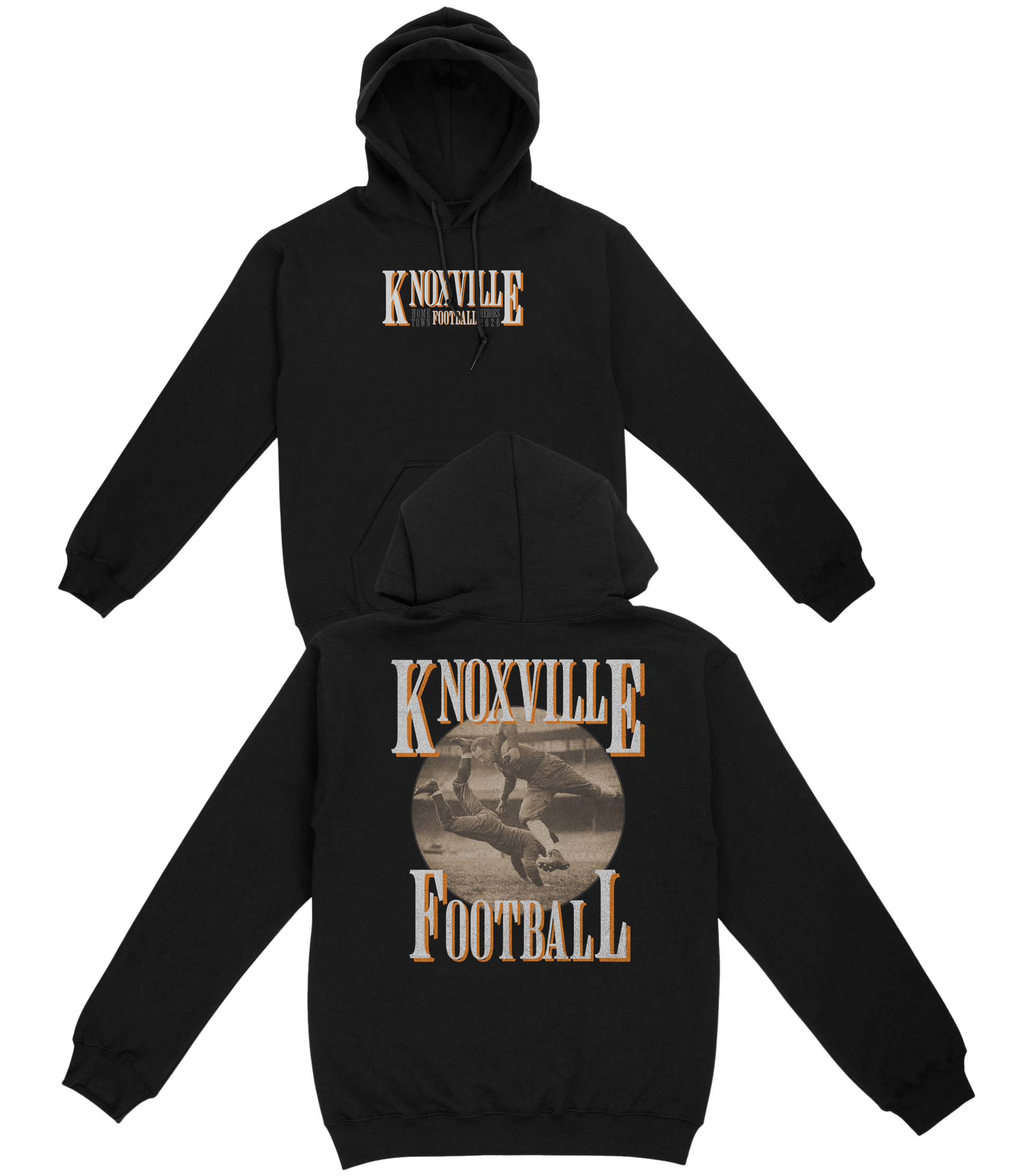Black hoodie with 'Knoxville Football' text and graphics on a white background