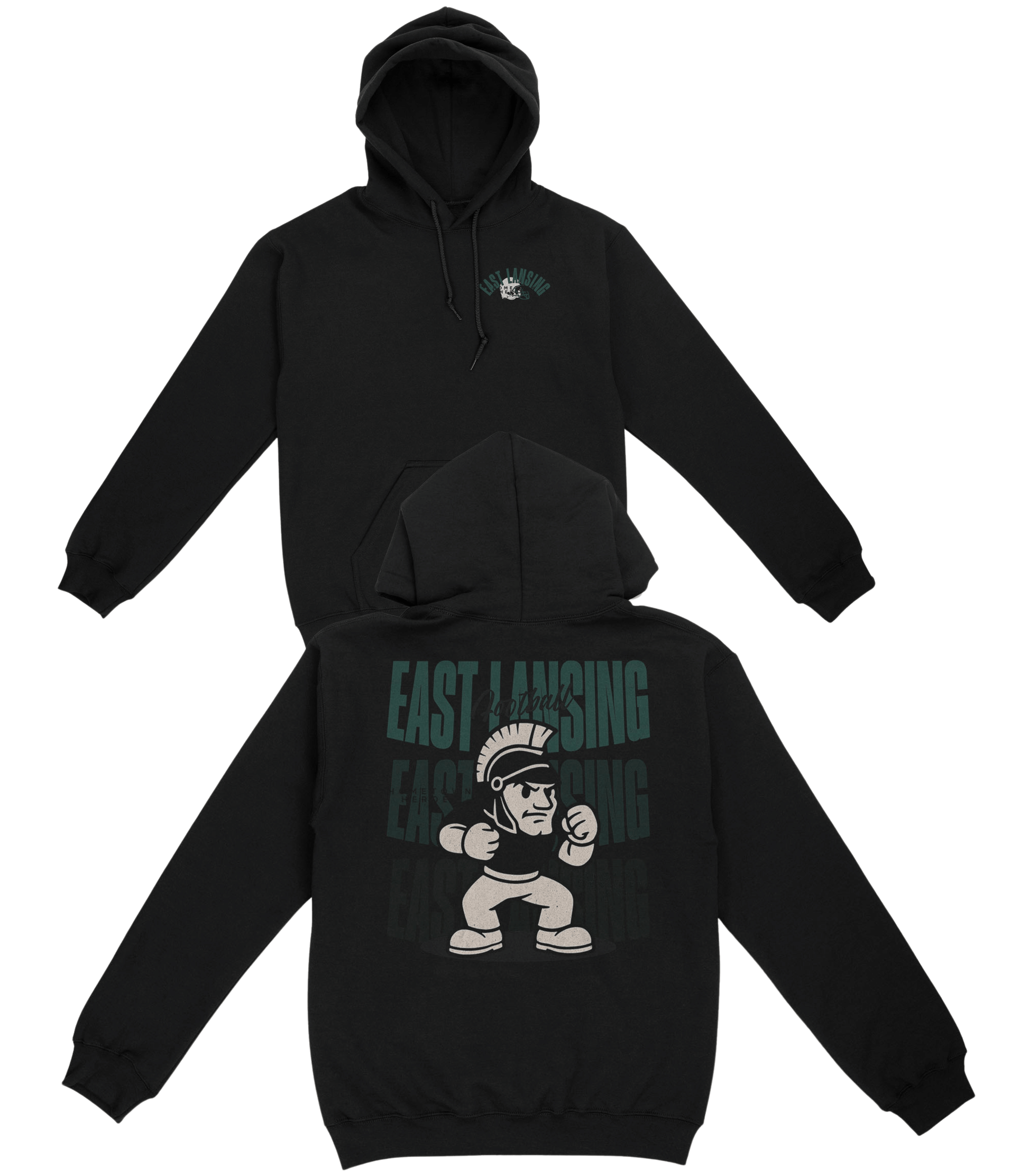 Black hoodie with 'East Lansing' and mascot graphic on a white background