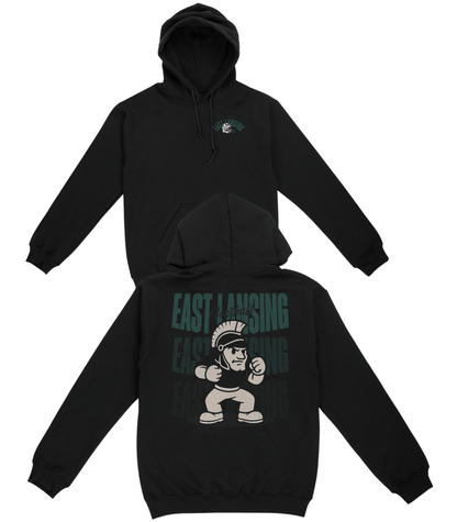 Black hoodie with 'East Lansing' and mascot graphic on a white background