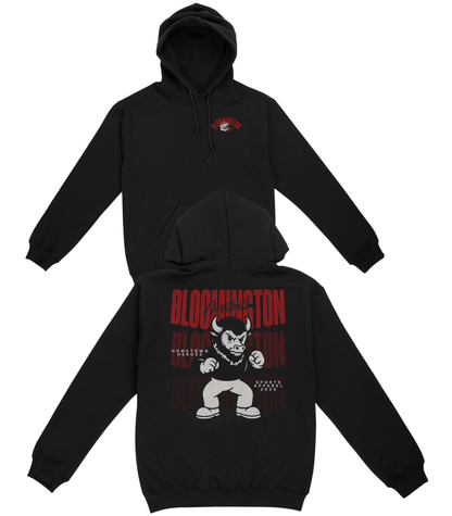 Black hoodie with graphic design on front and back on a white background