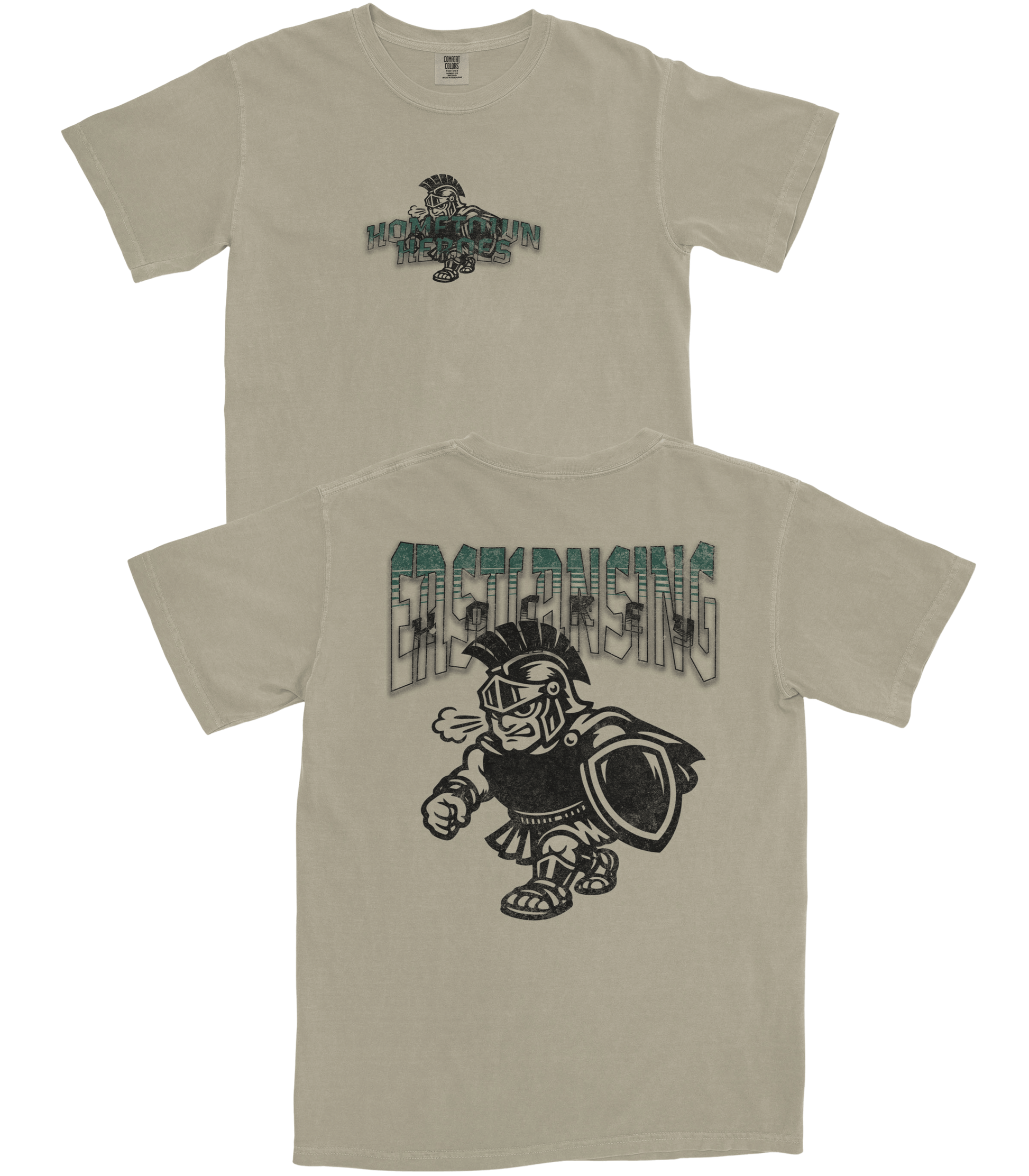 Two beige t-shirts with graphic designs and text on a white background