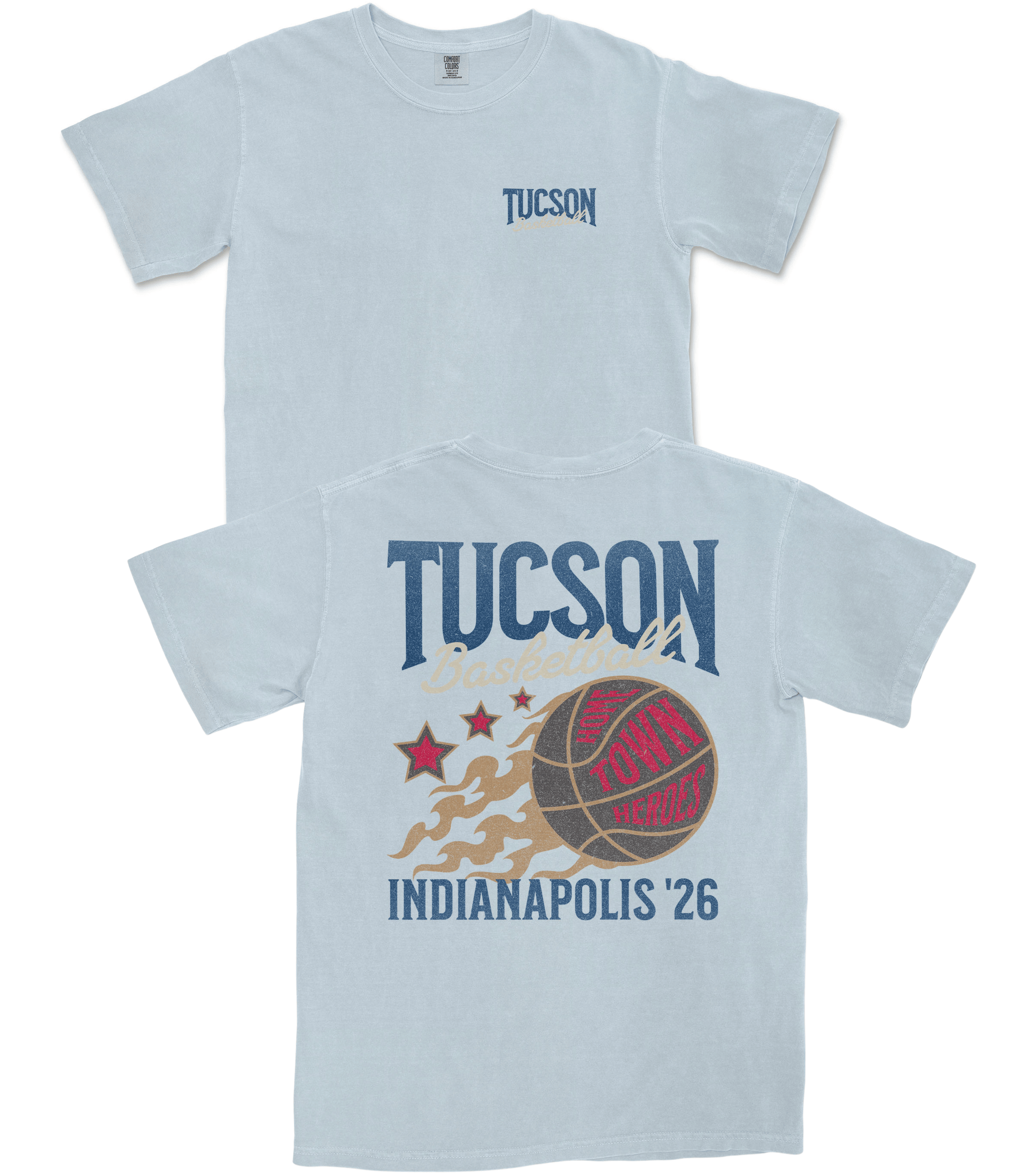 Light blue t-shirt with 'Tucson' and basketball graphic on a white background