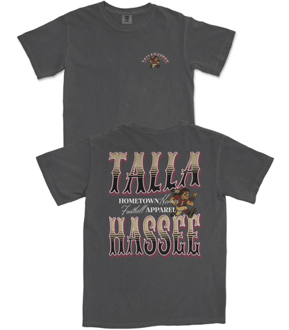 Gray t-shirt with colorful graphics and text on a white background