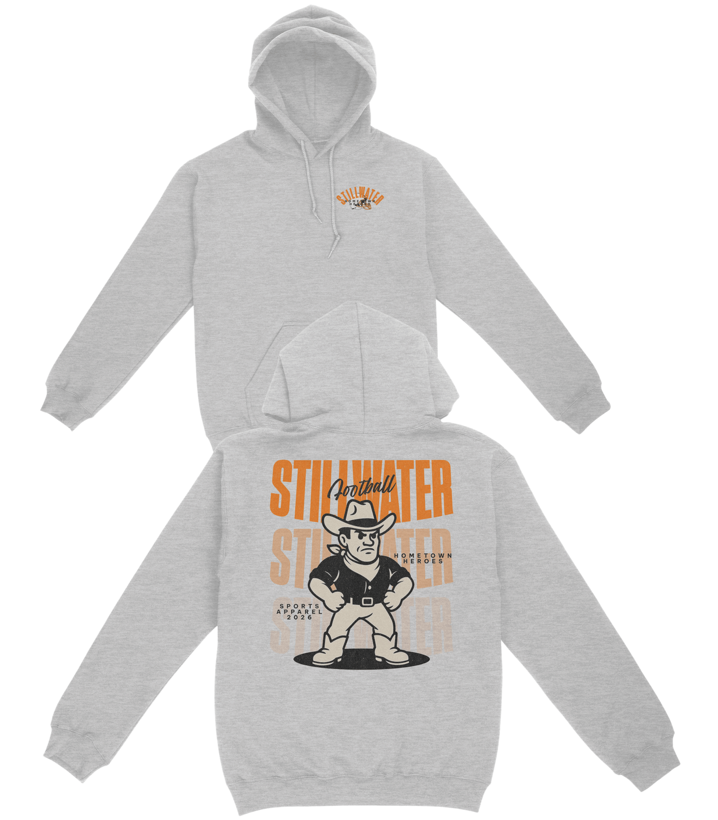 Gray hoodie with a graphic design on a white background