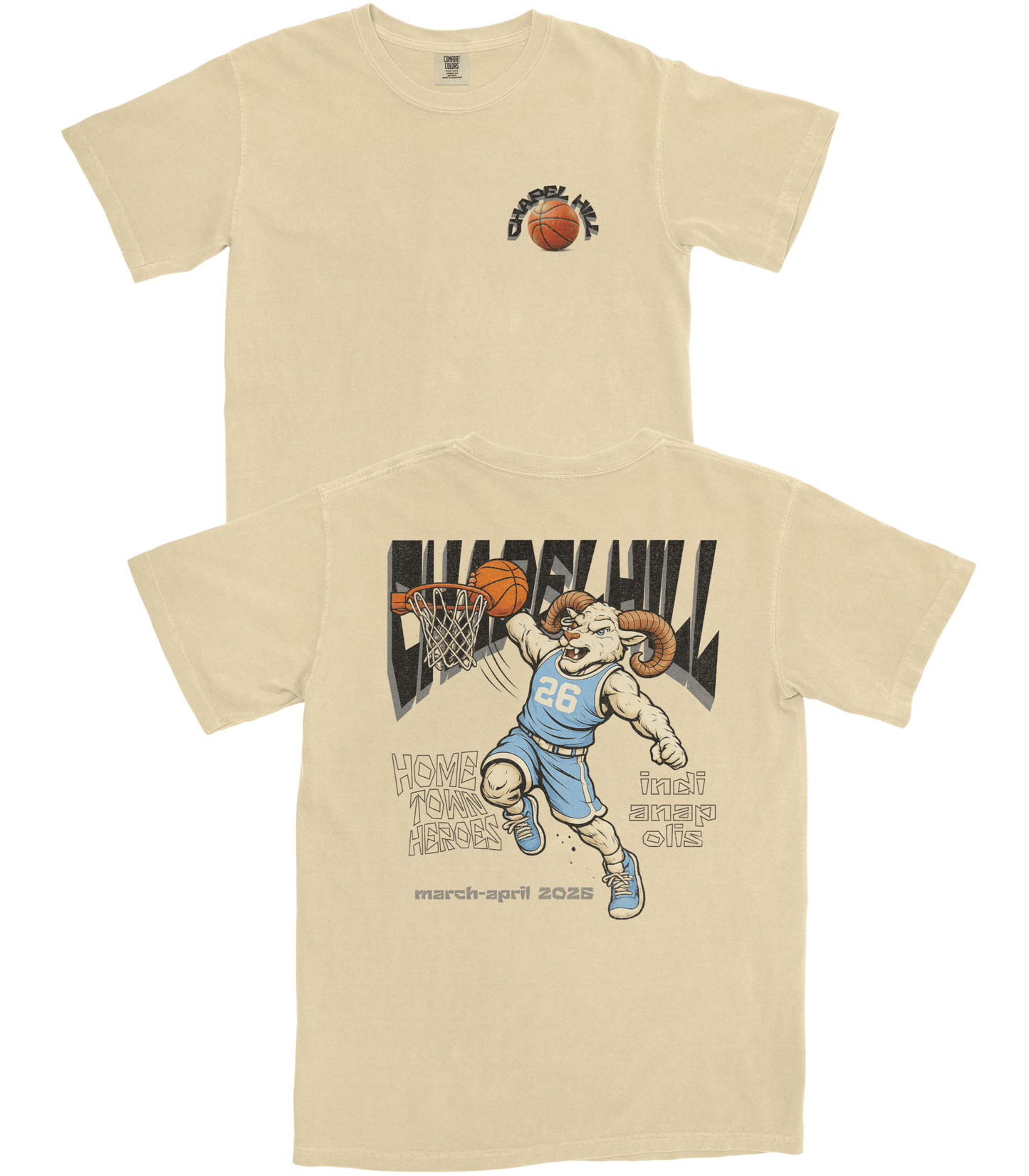 Beige t-shirt with graphic of a ram playing basketball and text on the back