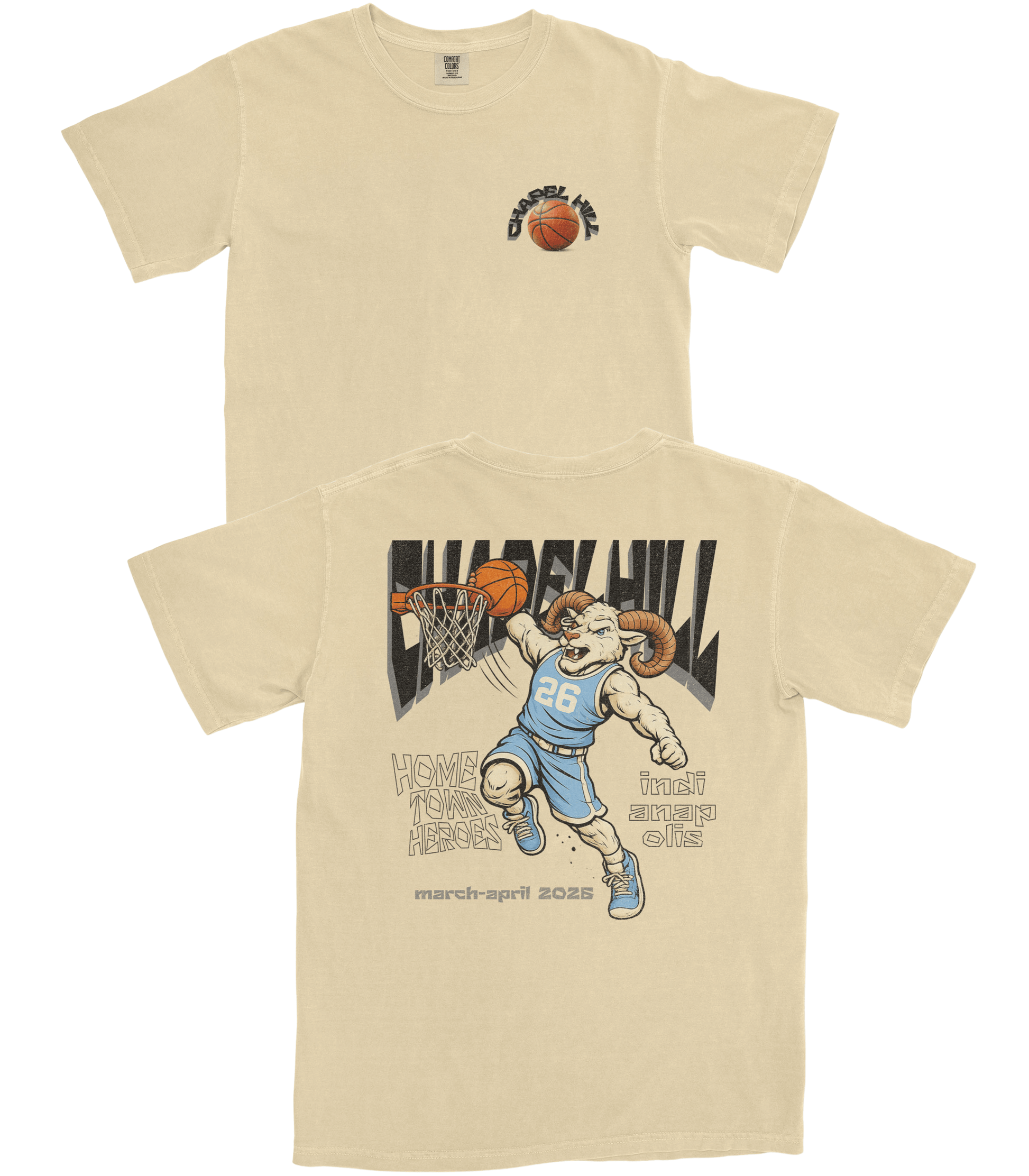 Beige t-shirt with graphic of a ram playing basketball and text on the back
