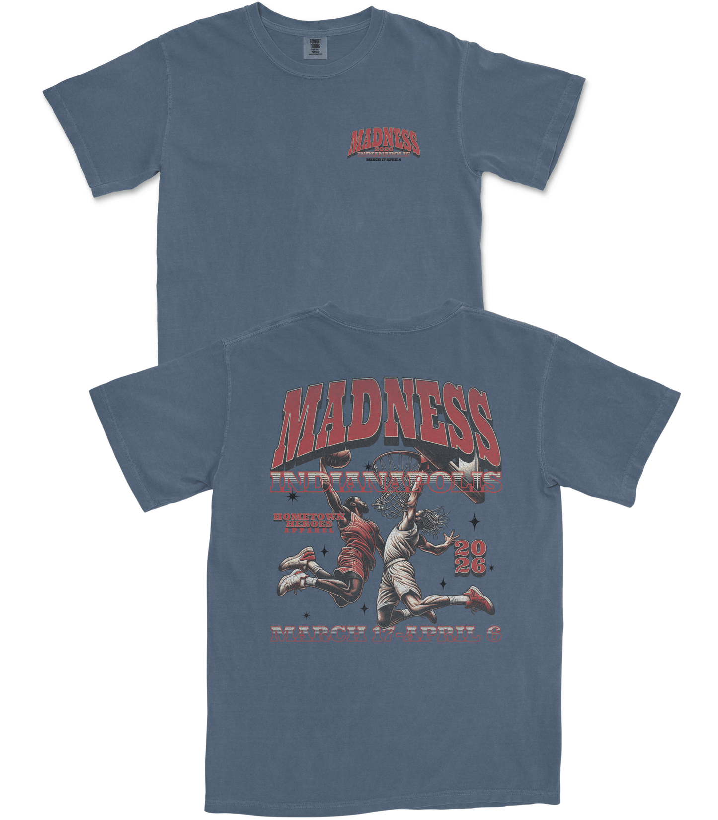 Blue t-shirt with graphic design and text on a white background