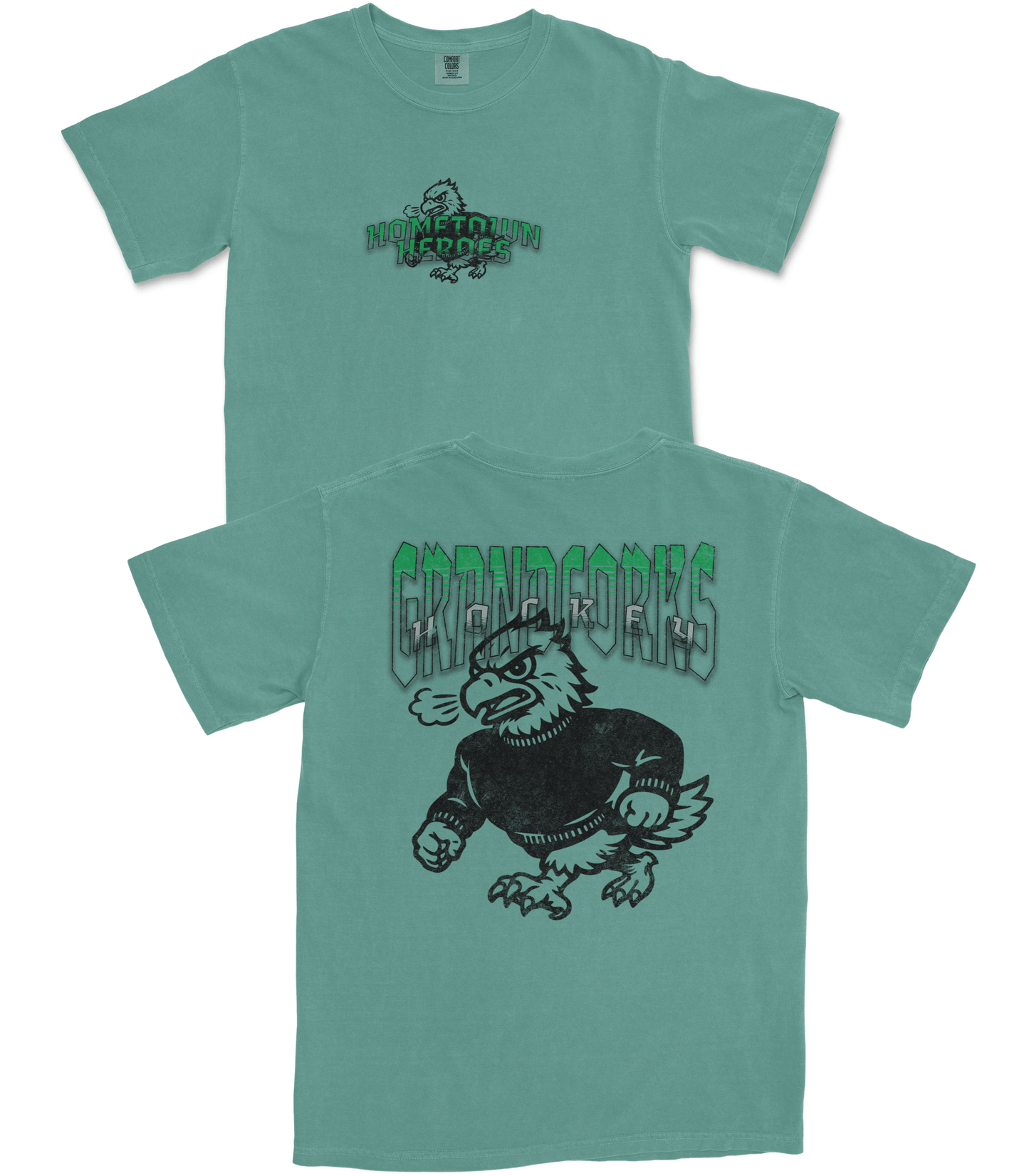 Two teal t-shirts with black graphics and text on a white background