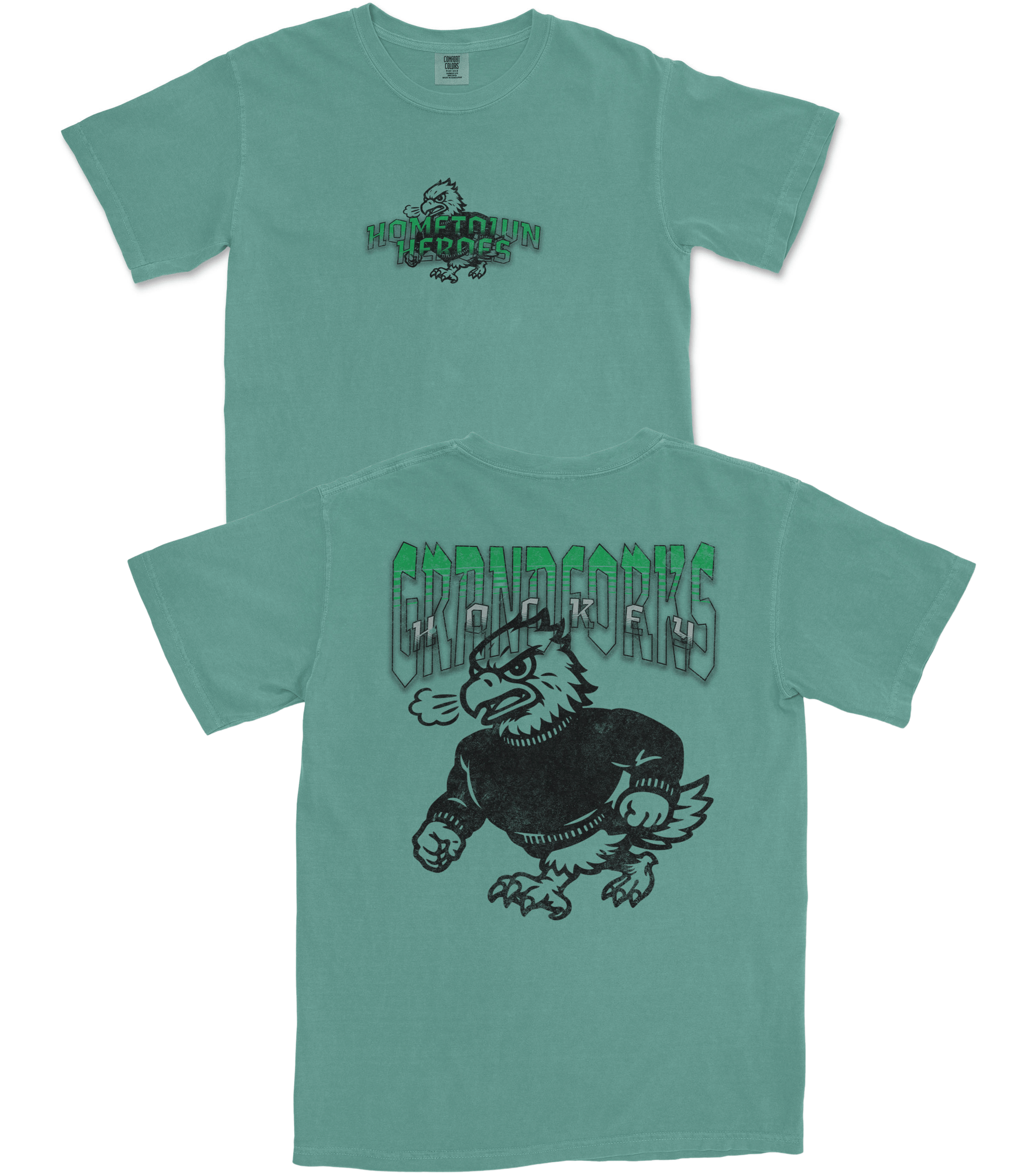 Two teal t-shirts with black graphics and text on a white background