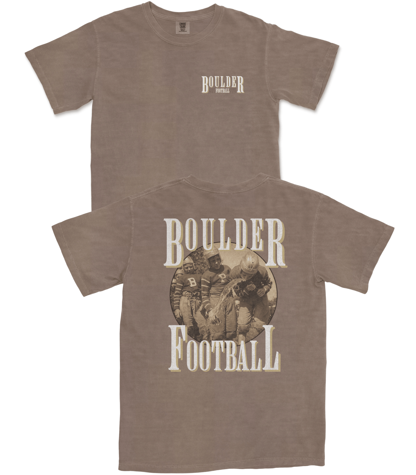 Brown t-shirt with 'Boulder Football' design on a white background