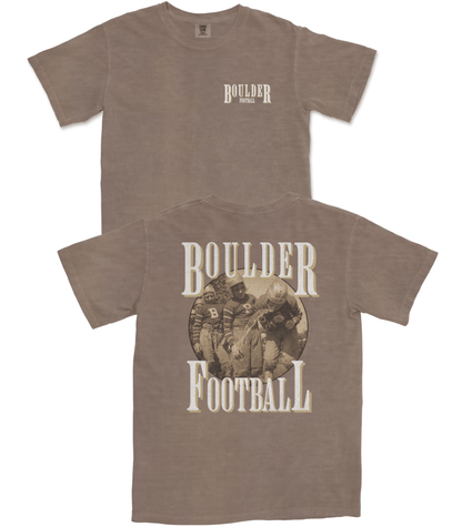 Brown t-shirt with 'Boulder Football' design on a white background