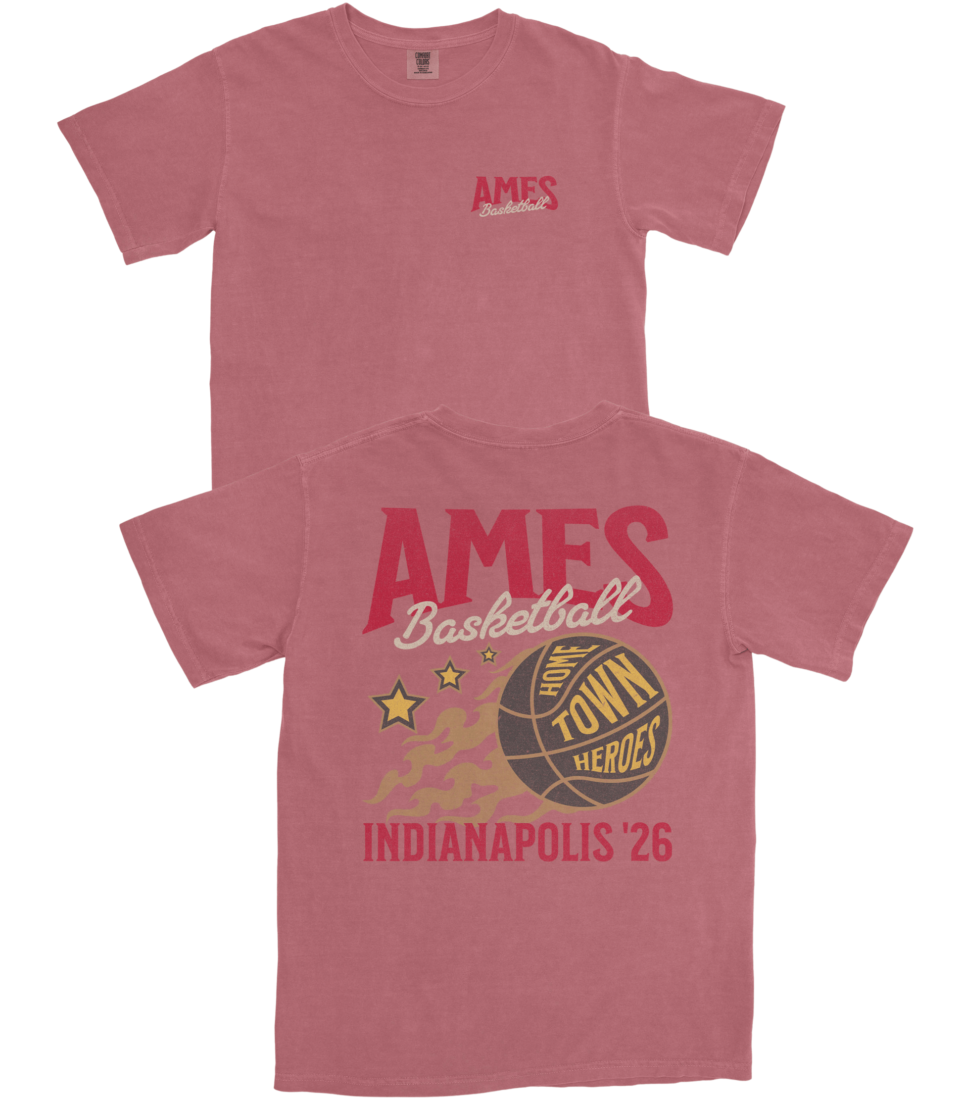 Red t-shirt with 'Ames Basketball' design on a white background