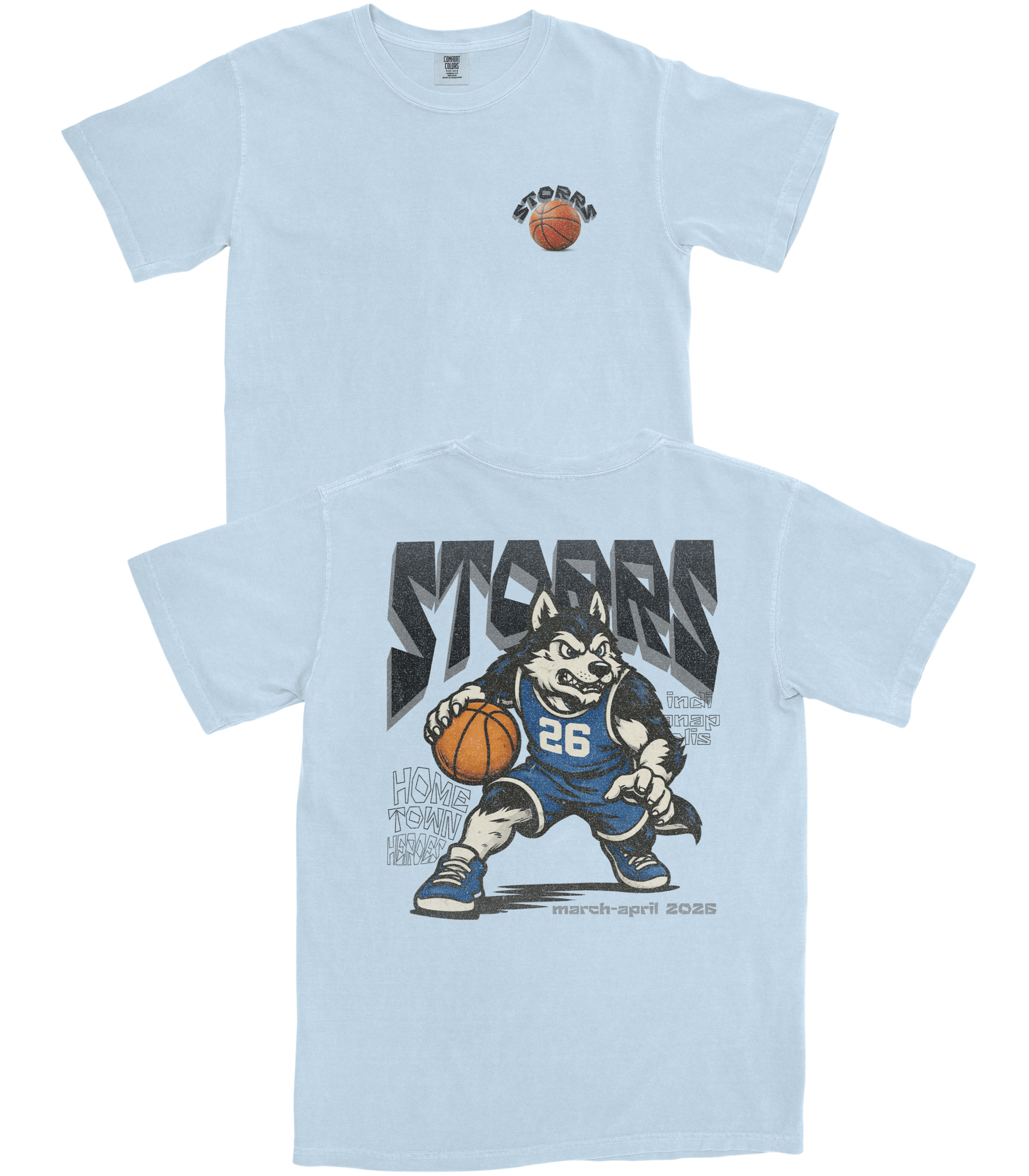 Light blue t-shirt with a graphic of a bear holding a basketball and the word 'STOOGES' on a white background.