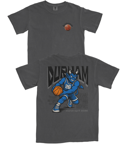 Dark gray t-shirt with a graphic of a basketball player and 'Durham' text on a white background