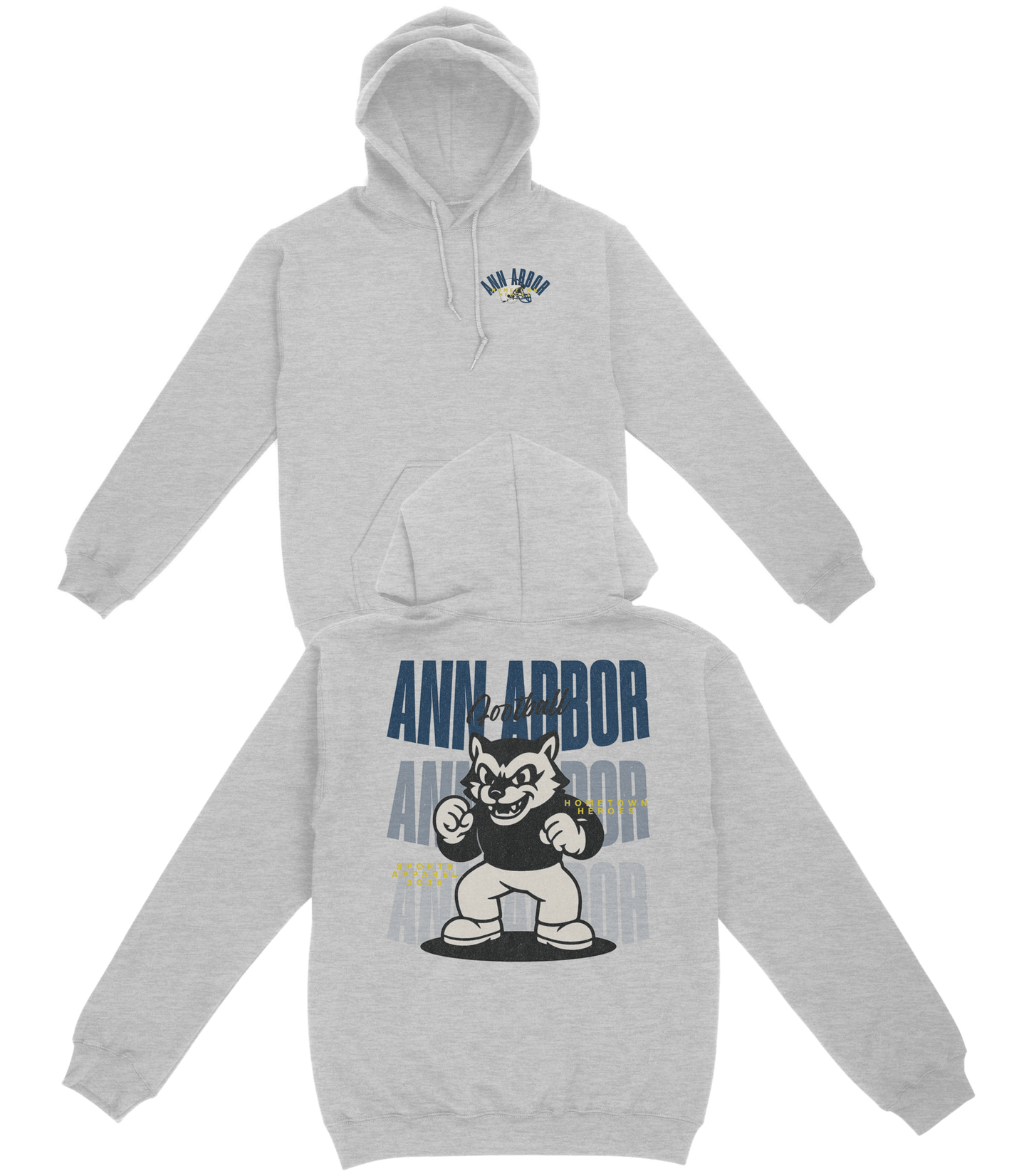 Gray hoodie with 'Ann Arbor' and bear graphic on a white background