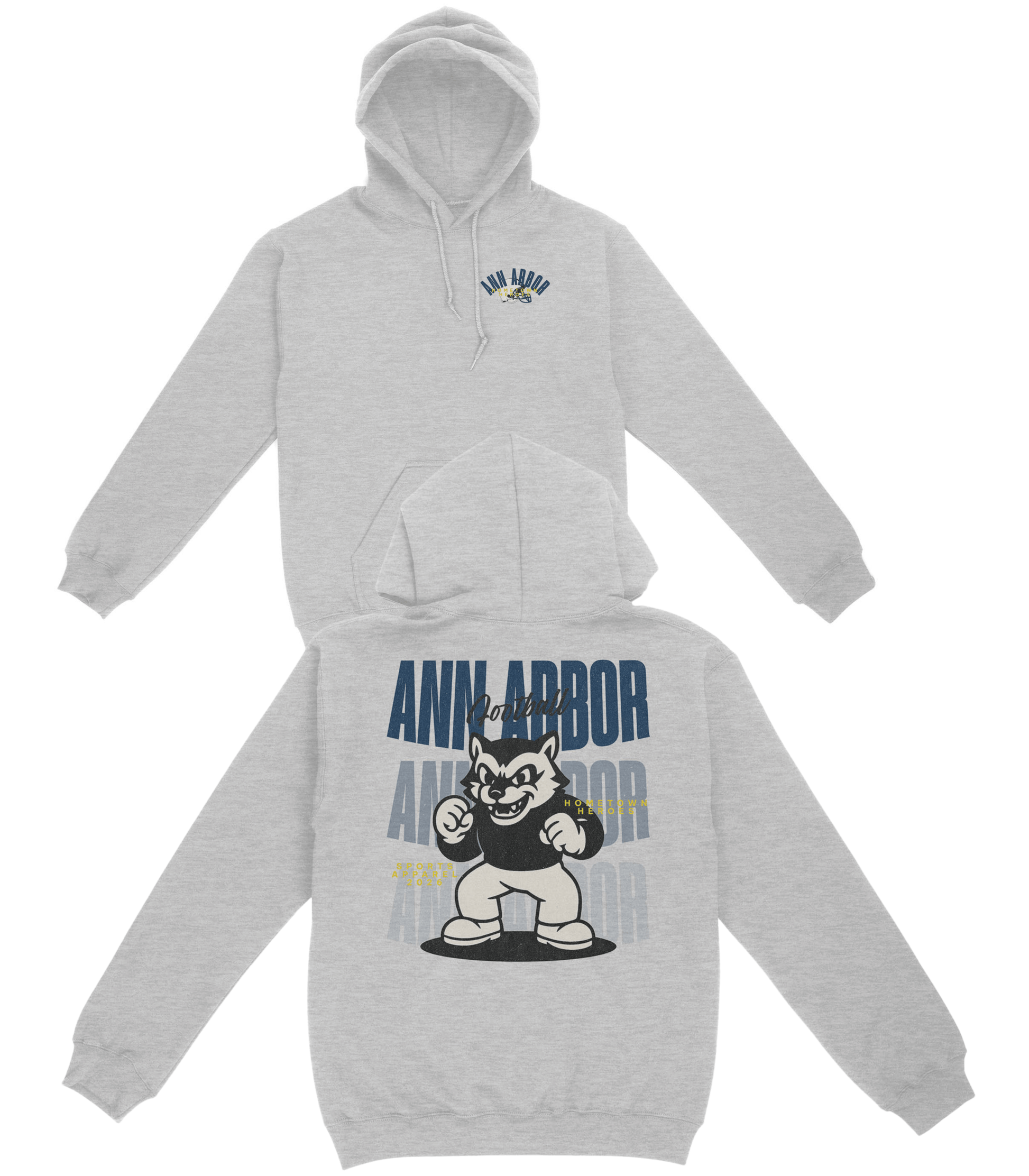 Gray hoodie with 'Ann Arbor' and bear graphic on a white background