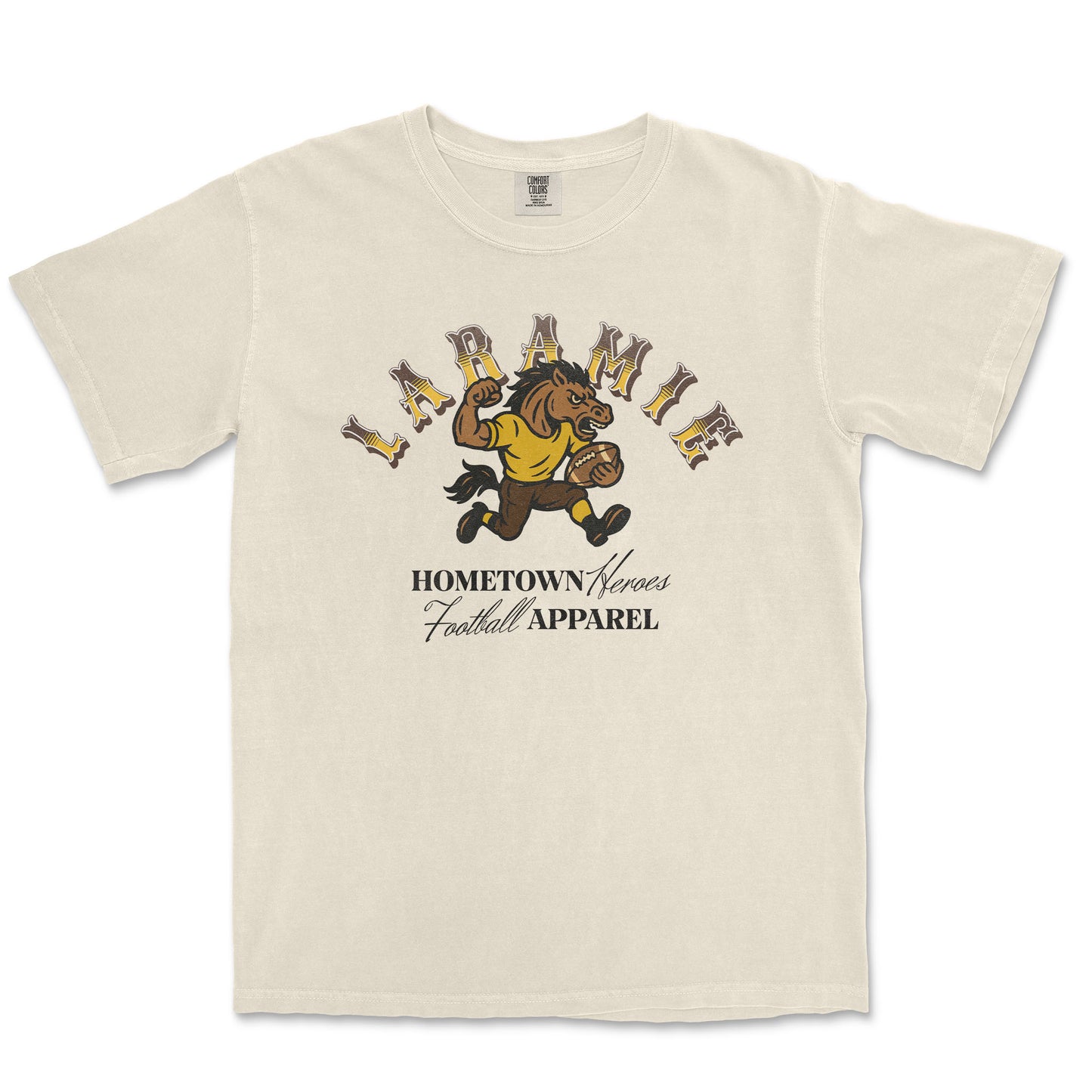 Beige t-shirt with a graphic of a horse and text on a white background