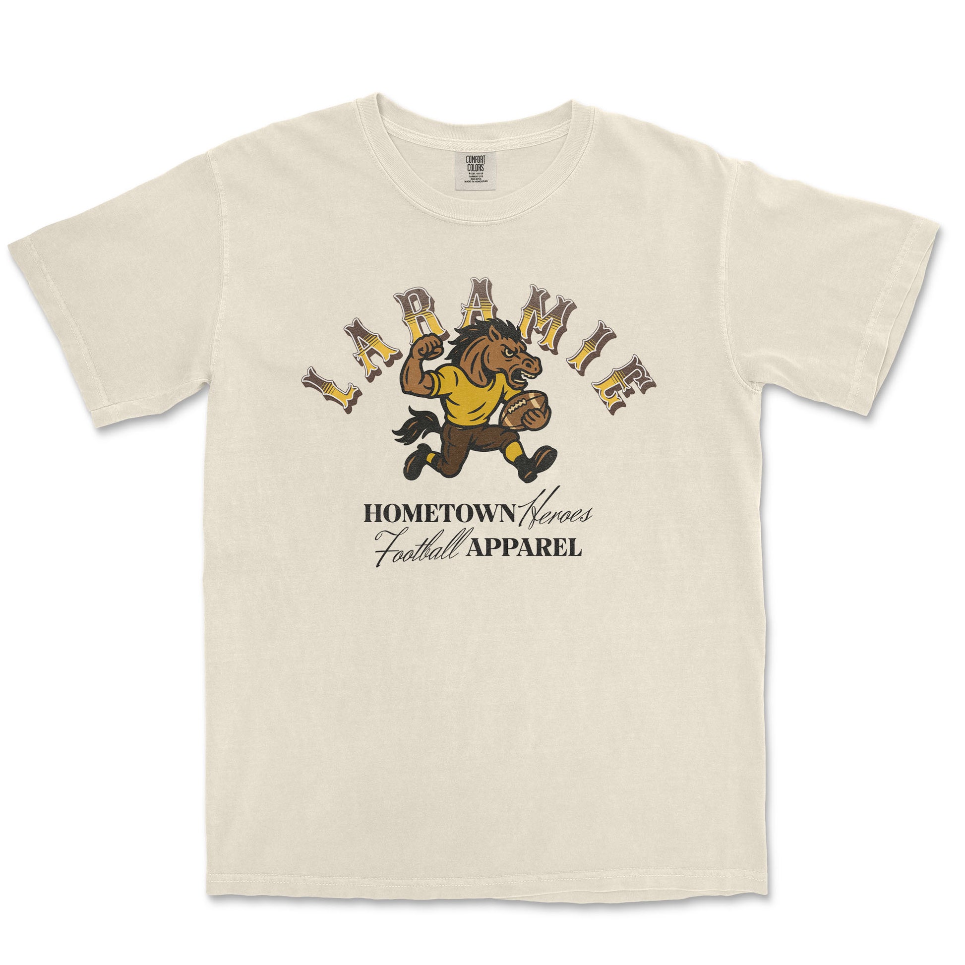 Beige t-shirt with a graphic of a horse and text on a white background