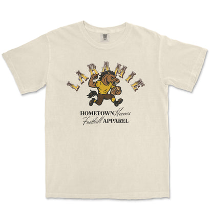 Beige t-shirt with a graphic of a horse and text on a white background