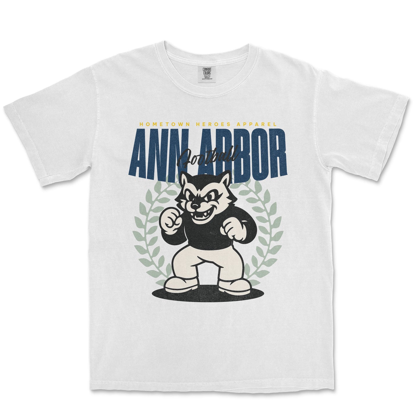 White t-shirt with a graphic of a cartoon character and 'Ann Arbor' text on a white background