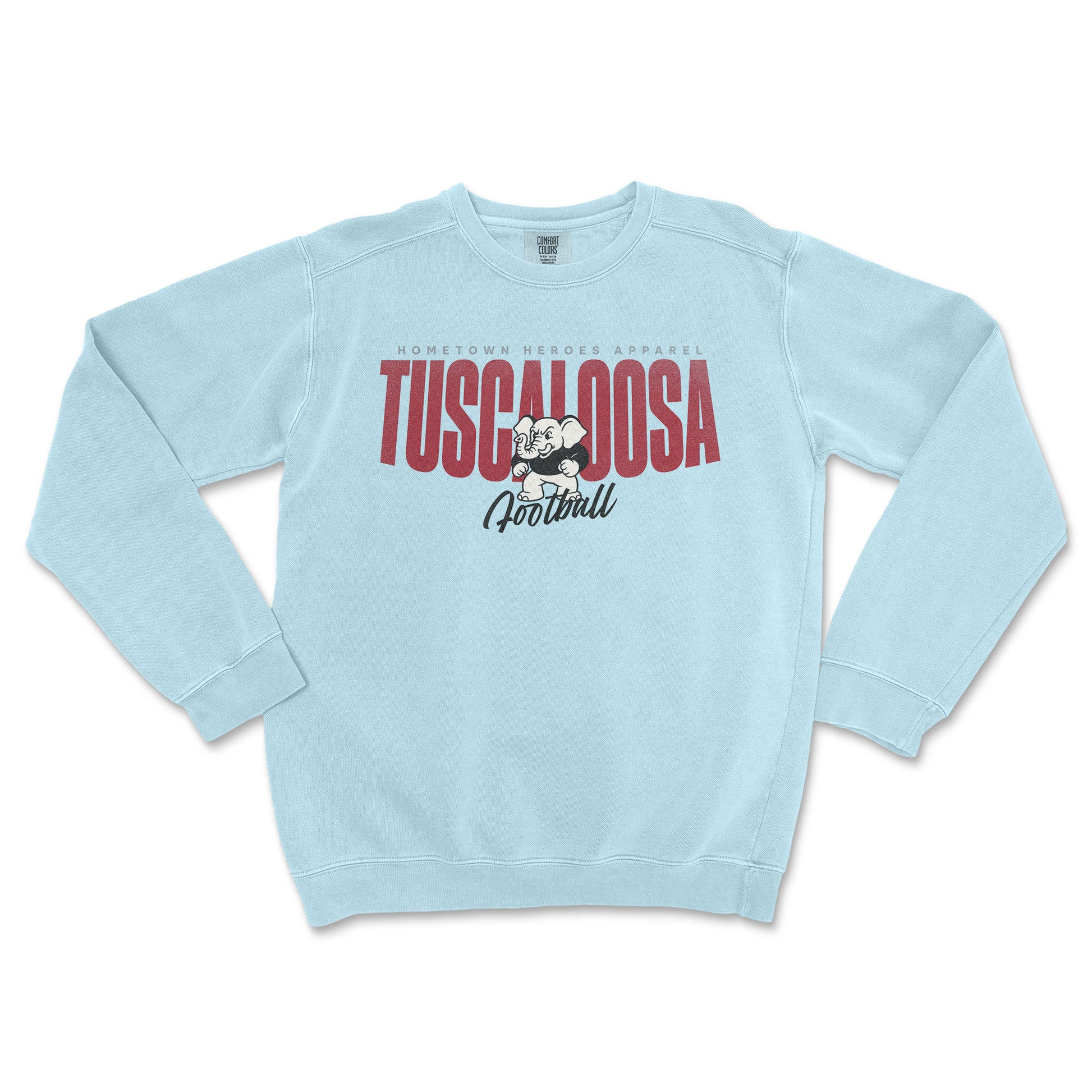 Light blue sweatshirt with 'Tuscaloosa Football' text and graphic on a white background