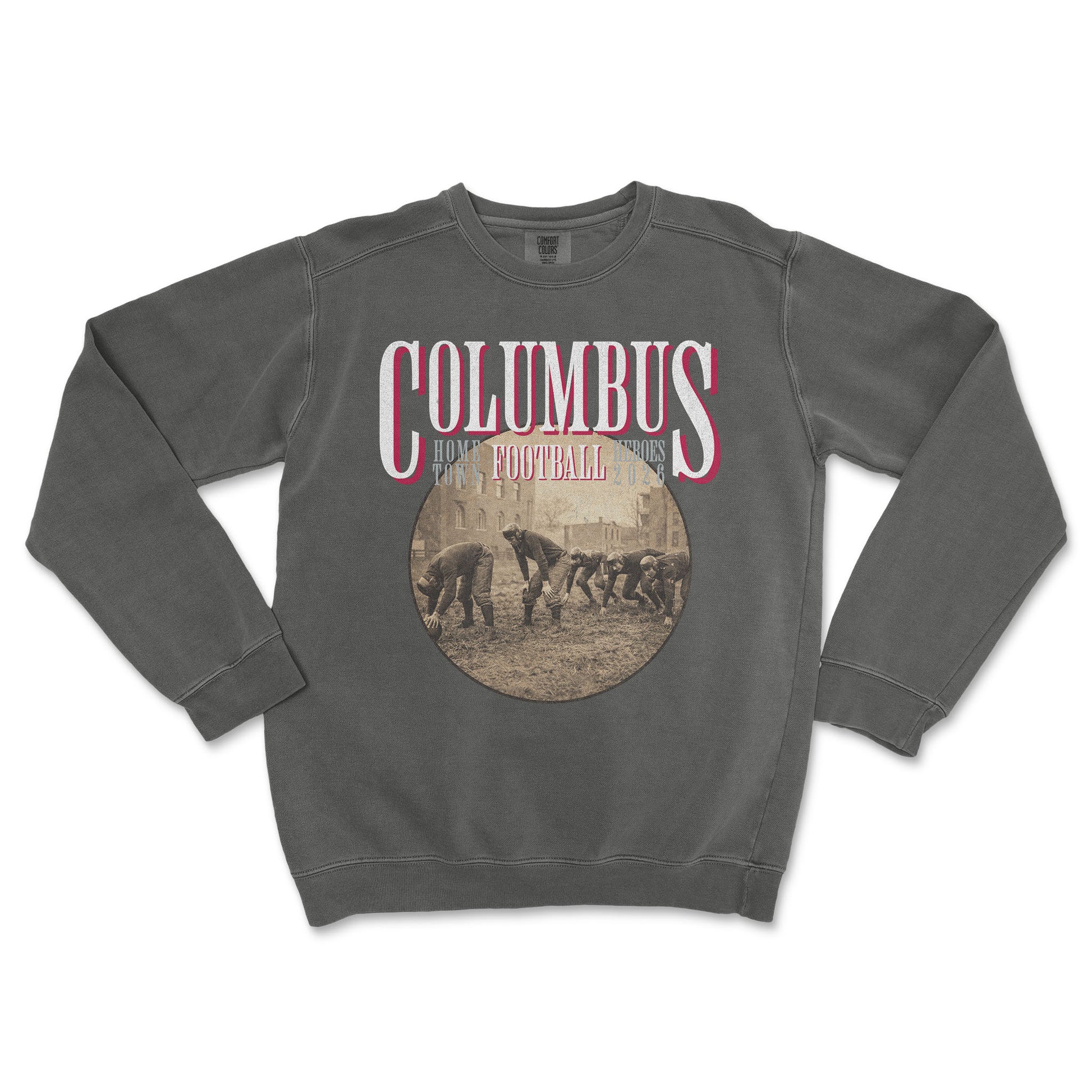 Gray sweatshirt with 'Columbus Football' graphic on a white background
