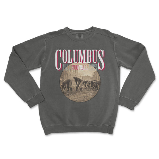 Gray sweatshirt with 'Columbus Football' graphic on a white background