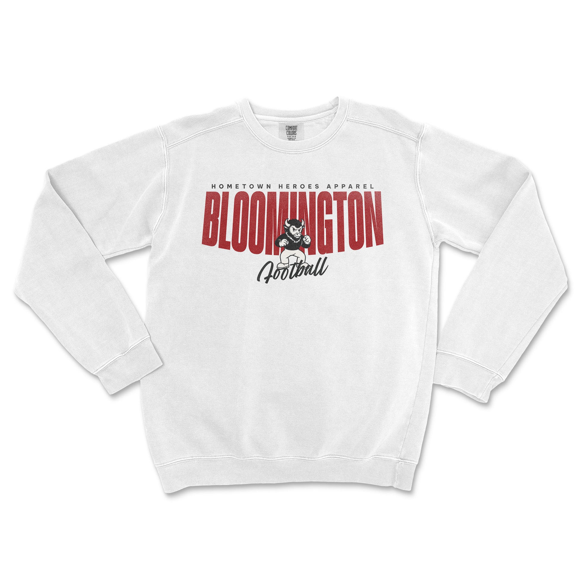 White sweatshirt with 'Bloomington Football' text and graphic on a white background