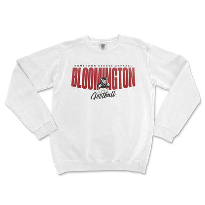 White sweatshirt with 'Bloomington Football' text and graphic on a white background