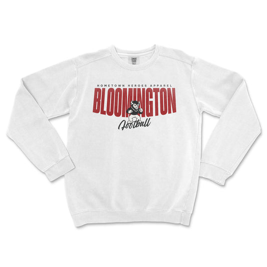 White sweatshirt with 'Bloomington Football' text and graphic on a white background