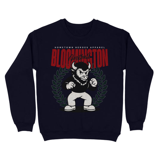 Black sweatshirt with a graphic design of a bull and text on a white background