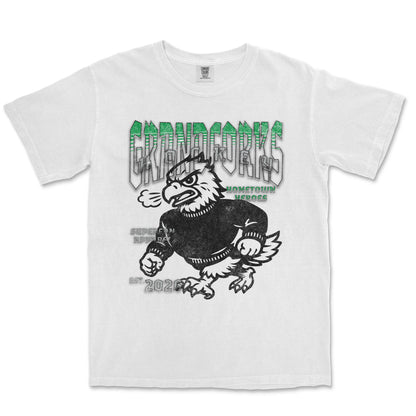 White t-shirt with a graphic design of a bird-like creature and text on a white background