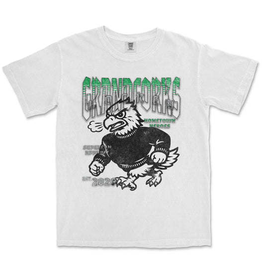 White t-shirt with a graphic design of a bird-like creature and text on a white background