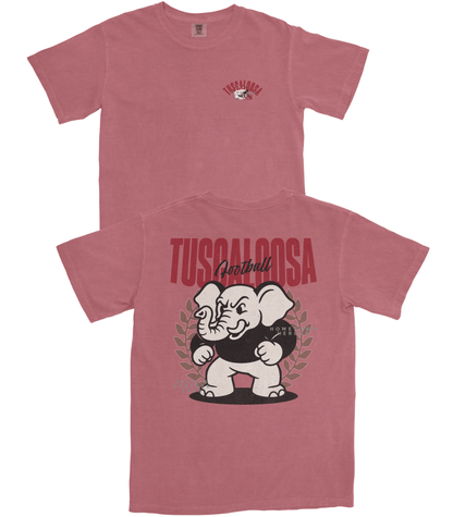 Red t-shirt with elephant graphic and 'Tuscaloosa' text on a white background