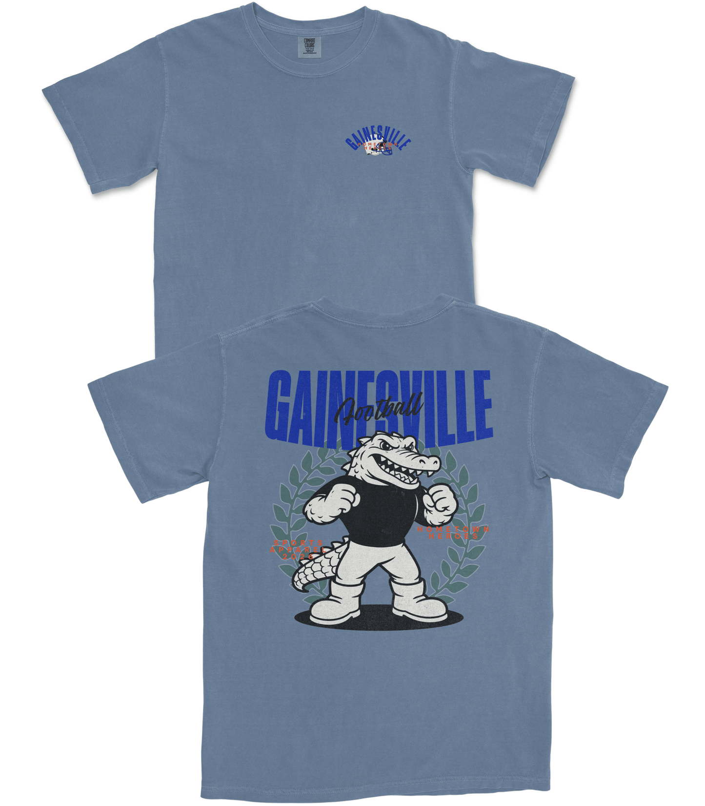 Two blue t-shirts with a cartoon alligator graphic and 'Gainesville' text on a white background.