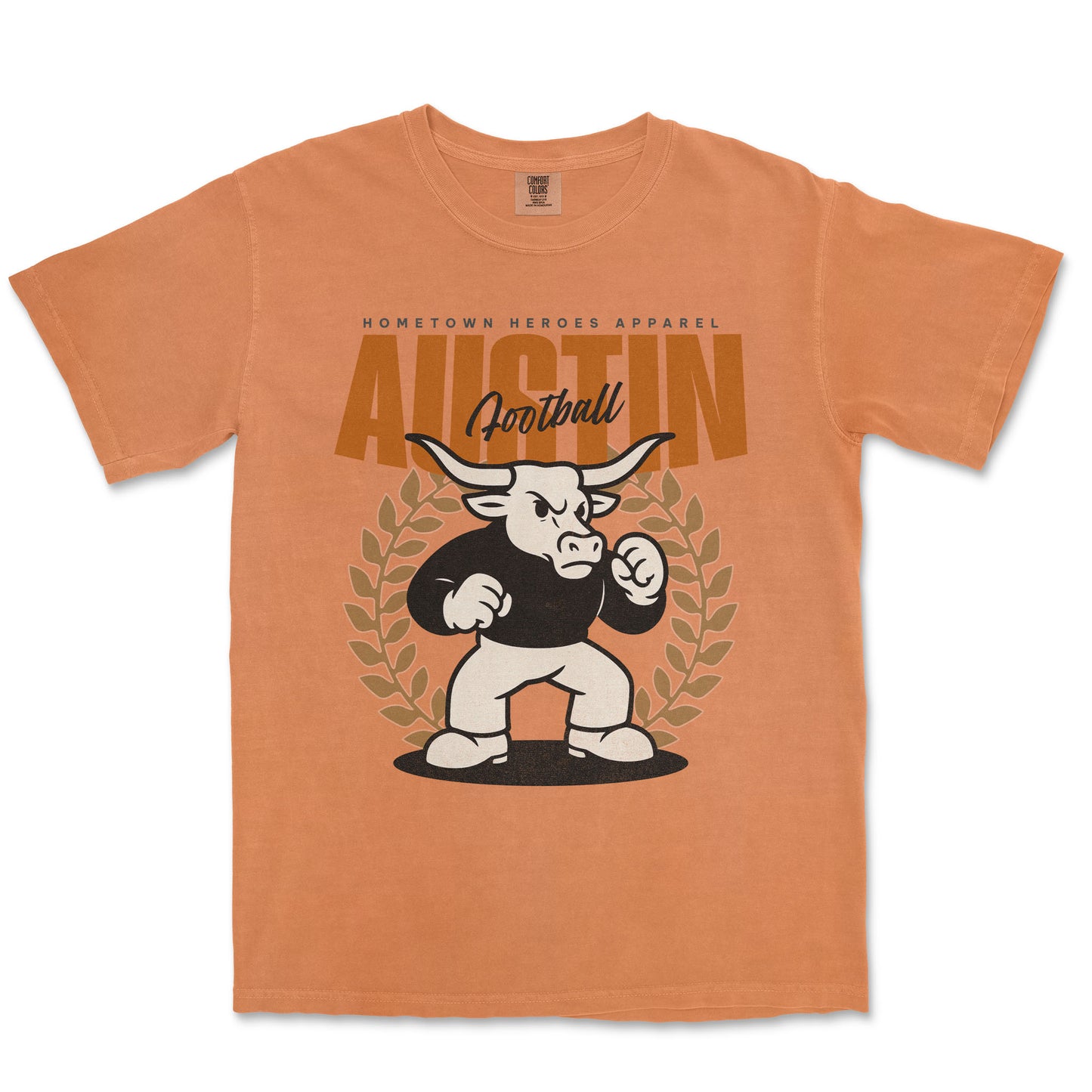 Orange t-shirt with a bull graphic and text on a white background