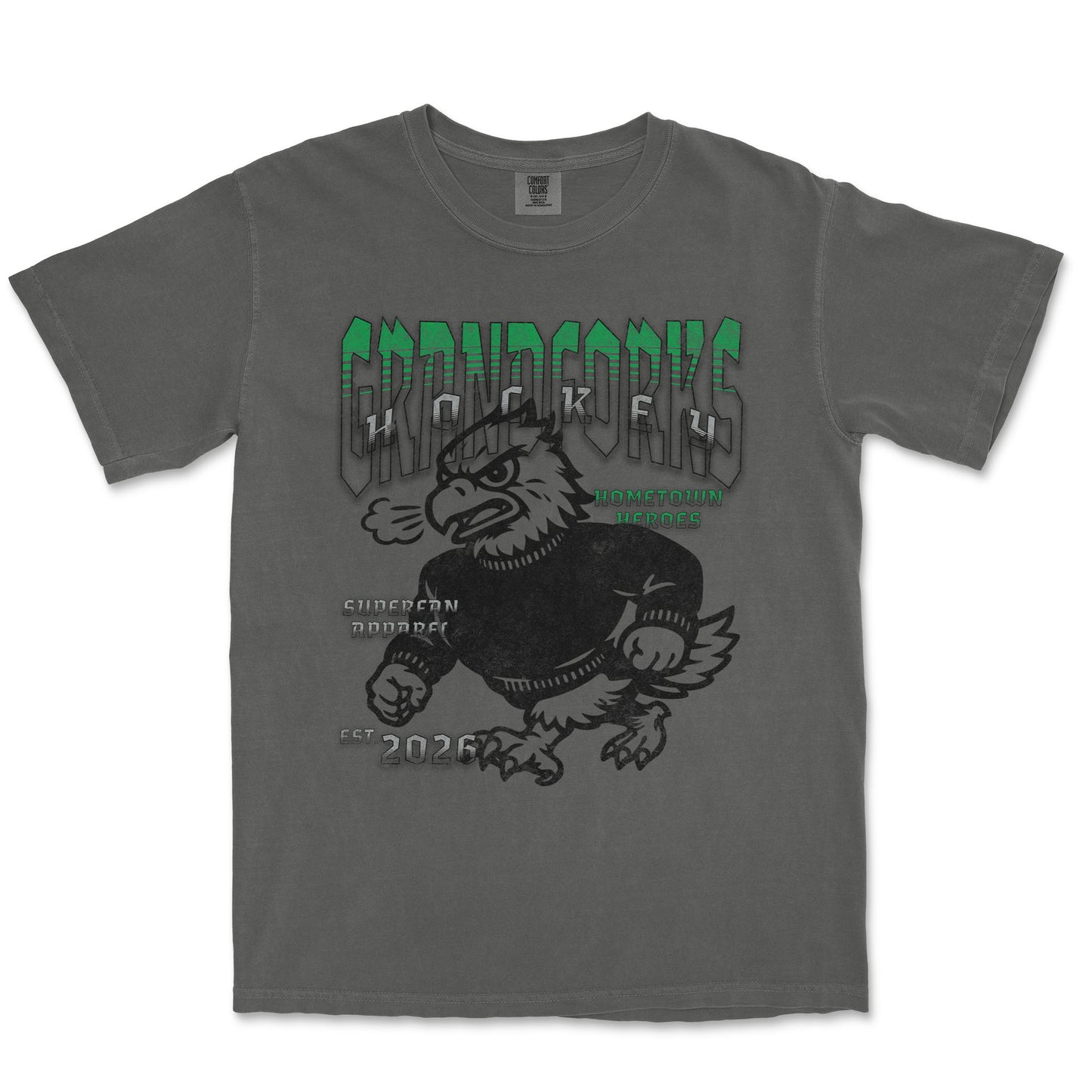 Gray t-shirt with a graphic design of a creature and text on a white background