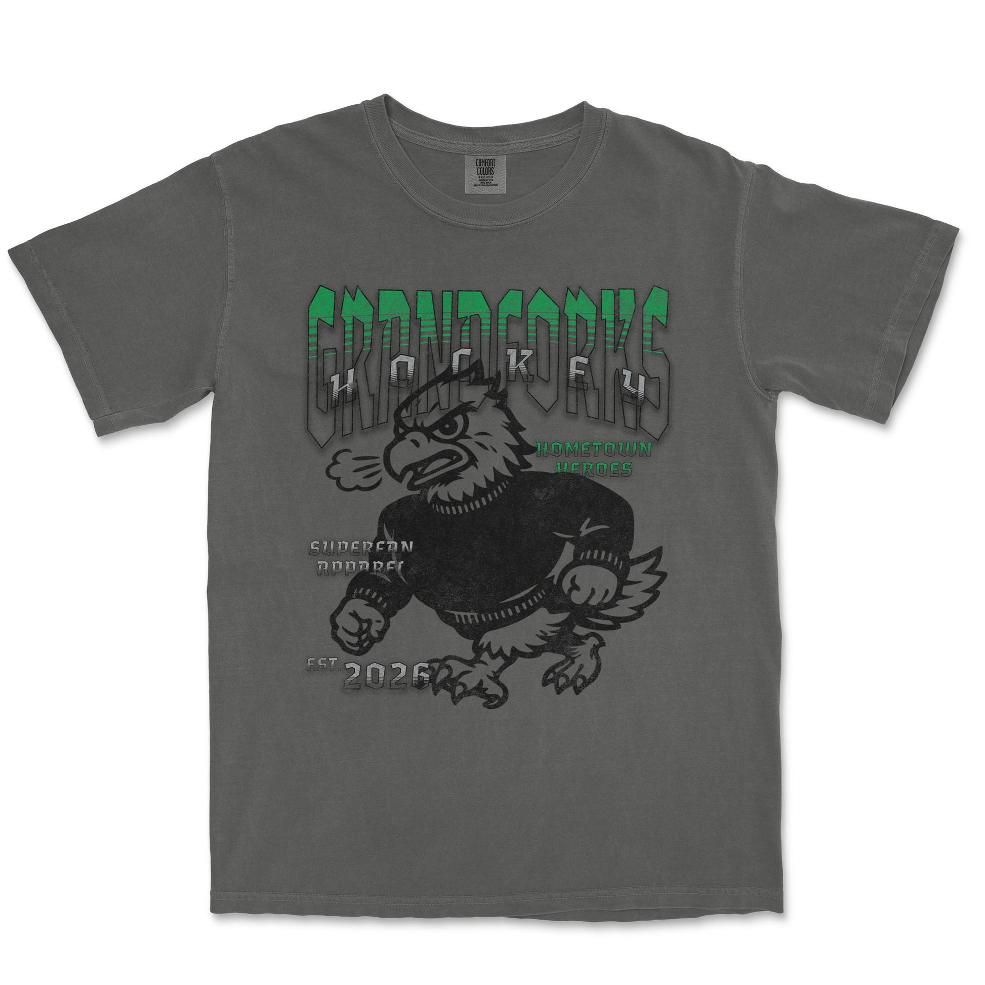 Gray t-shirt with a graphic design of a creature and text on a white background