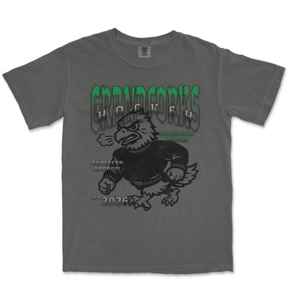 Gray t-shirt with a graphic design of a creature and text on a white background
