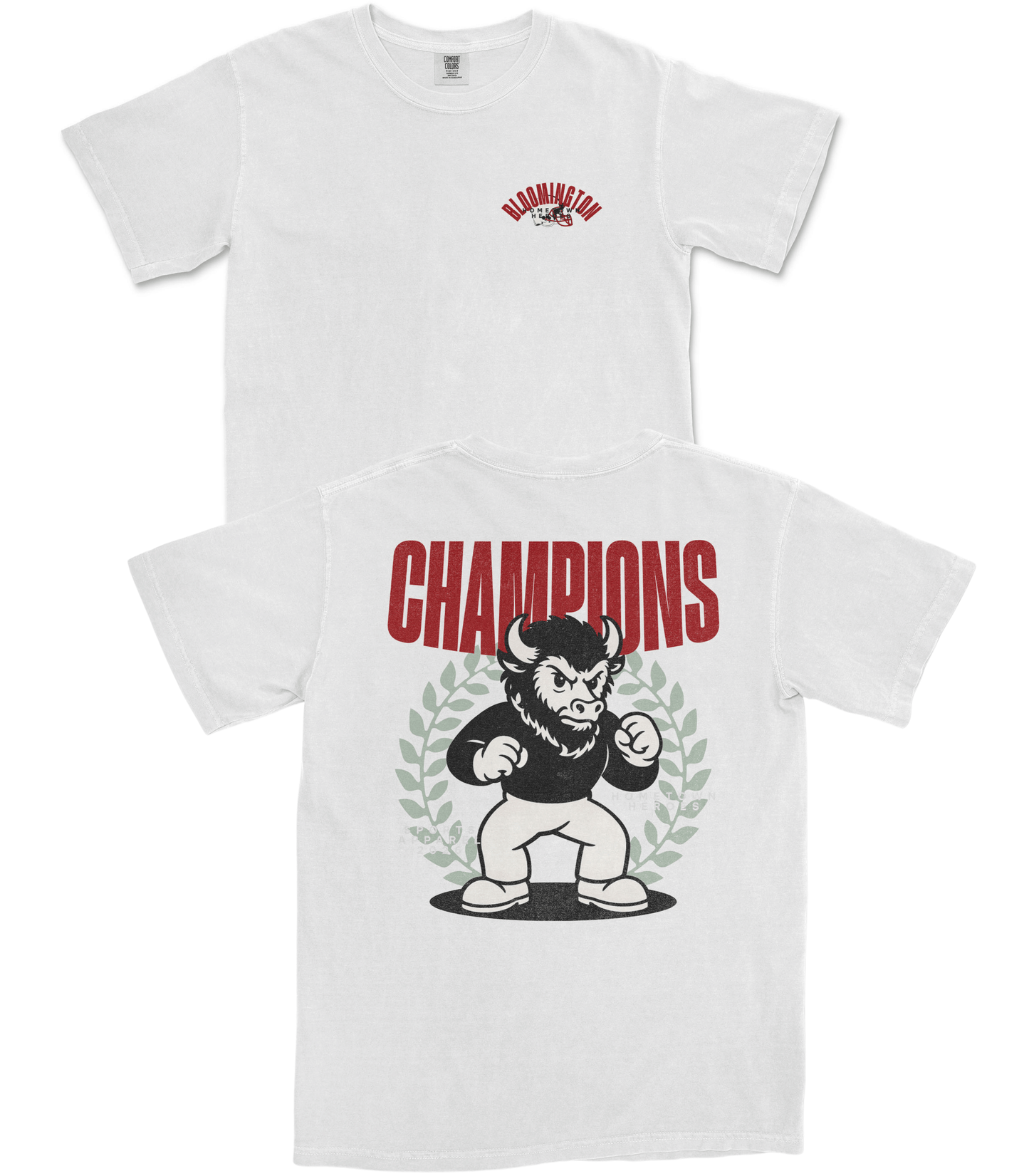 Two white t-shirts with graphic designs and text on a white background